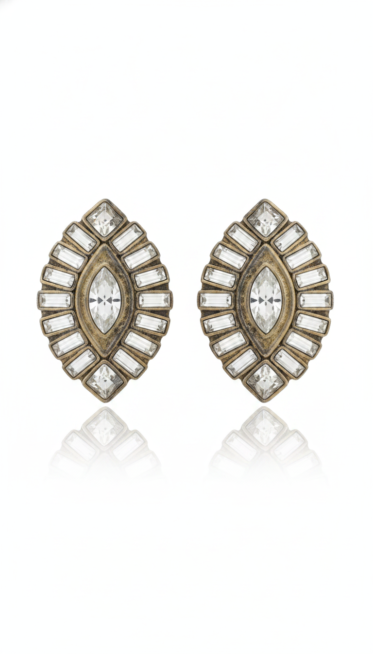 Scherrer Paris Vintage 1980s Marquise Crystal Baguette Rhinestone Clip Earrings — Signed French Haute Couture
