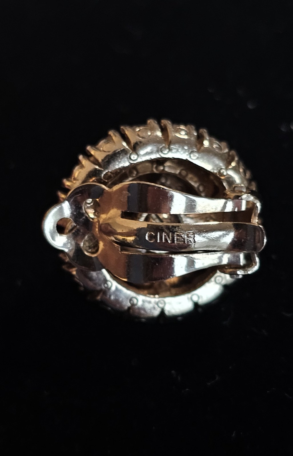 Signed CINER Vintage Gold-Tone Crystal Pavé Dome Clip-On Earrings — 1960s Glamour, All-Over Rhinestone Bombe Style view 5