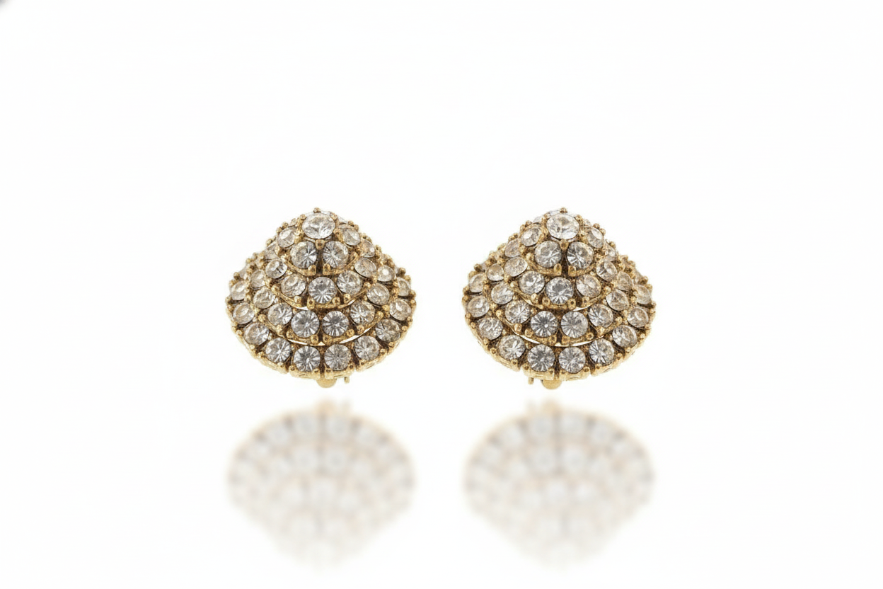 Signed CINER Vintage Gold-Tone Crystal Pavé Dome Clip-On Earrings — 1960s Glamour, All-Over Rhinestone Bombe Style