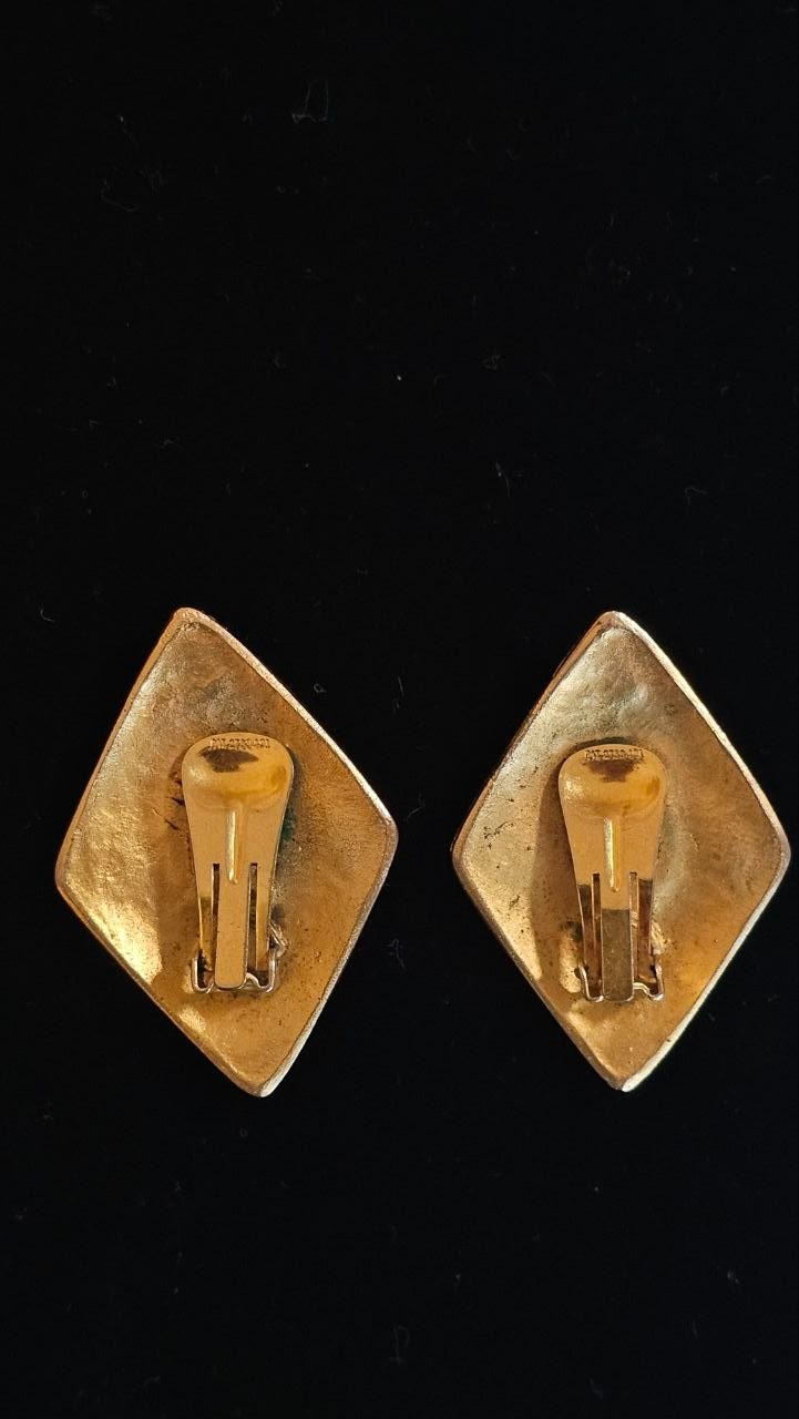 Vintage 1980s Gold Tone Diamond Shape Earrings | Black Cabochon & Red Garnet Glass | Byzantine Statement Clip-On Costume Jewelry view 4