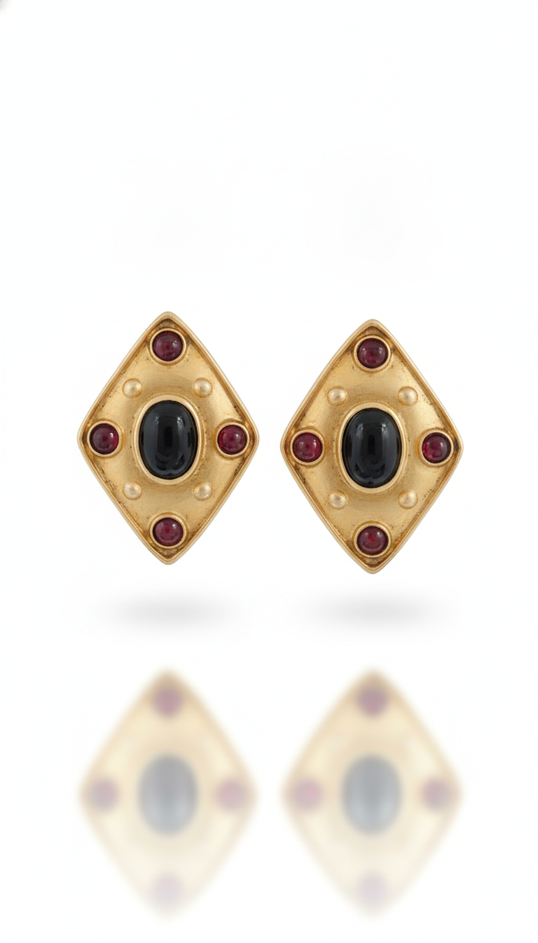 Vintage 1980s Gold Tone Diamond Shape Earrings | Black Cabochon & Red Garnet Glass | Byzantine Statement Clip-On Costume Jewelry