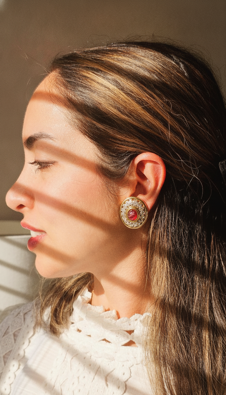 Vintage 1980s Unsigned Gold-Tone Round Clip Earrings | Ruby Red Glass Cabochon & Clear Pavé Rhinestone Halo | Glamour Button Clips view 3