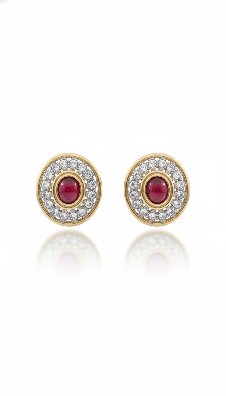 Vintage 1980s Unsigned Gold-Tone Round Clip Earrings | Ruby Red Glass Cabochon & Clear Pavé Rhinestone Halo | Glamour Button Clips