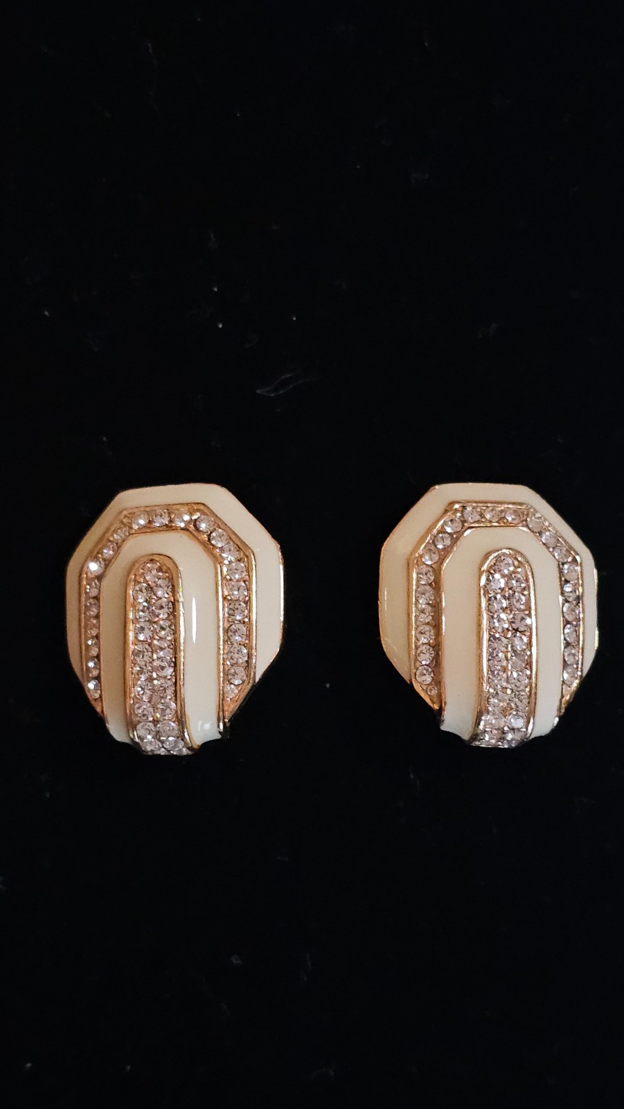 Vintage CINER Signed Cream Enamel & Pavé Crystal Clip-On Earrings | Art Deco Revival | Gold Tone | 1980s Costume Jewelry view 5