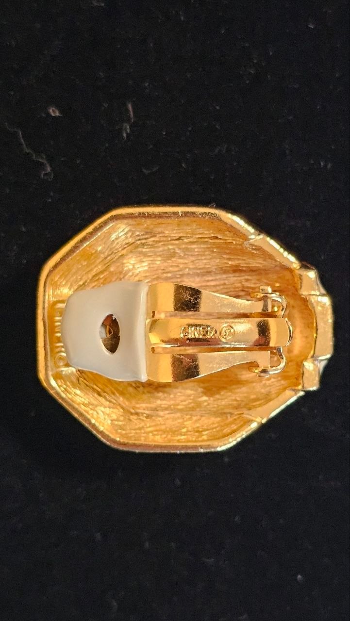 Vintage CINER Signed Cream Enamel & Pavé Crystal Clip-On Earrings | Art Deco Revival | Gold Tone | 1980s Costume Jewelry view 6