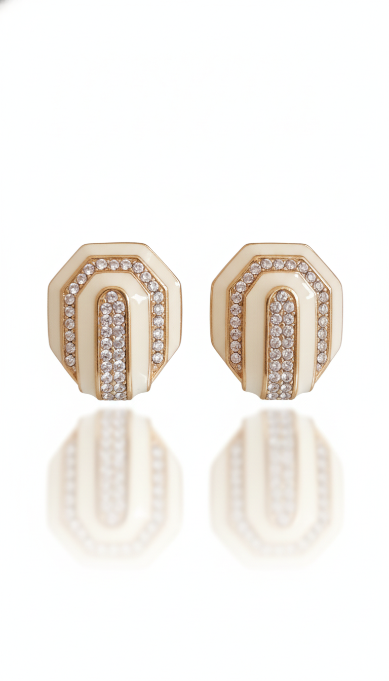 Vintage CINER Signed Cream Enamel & Pavé Crystal Clip-On Earrings | Art Deco Revival | Gold Tone | 1980s Costume Jewelry
