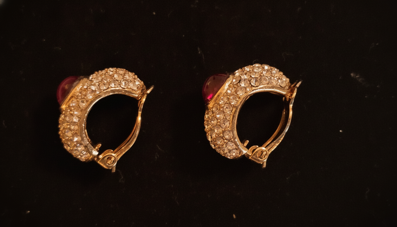 Vintage CINER Signed Gold-Tone Domed Oval Clip Earrings | Faux Ruby Cabochon & Pave Rhinestone | 1980s Hollywood Regency view 3