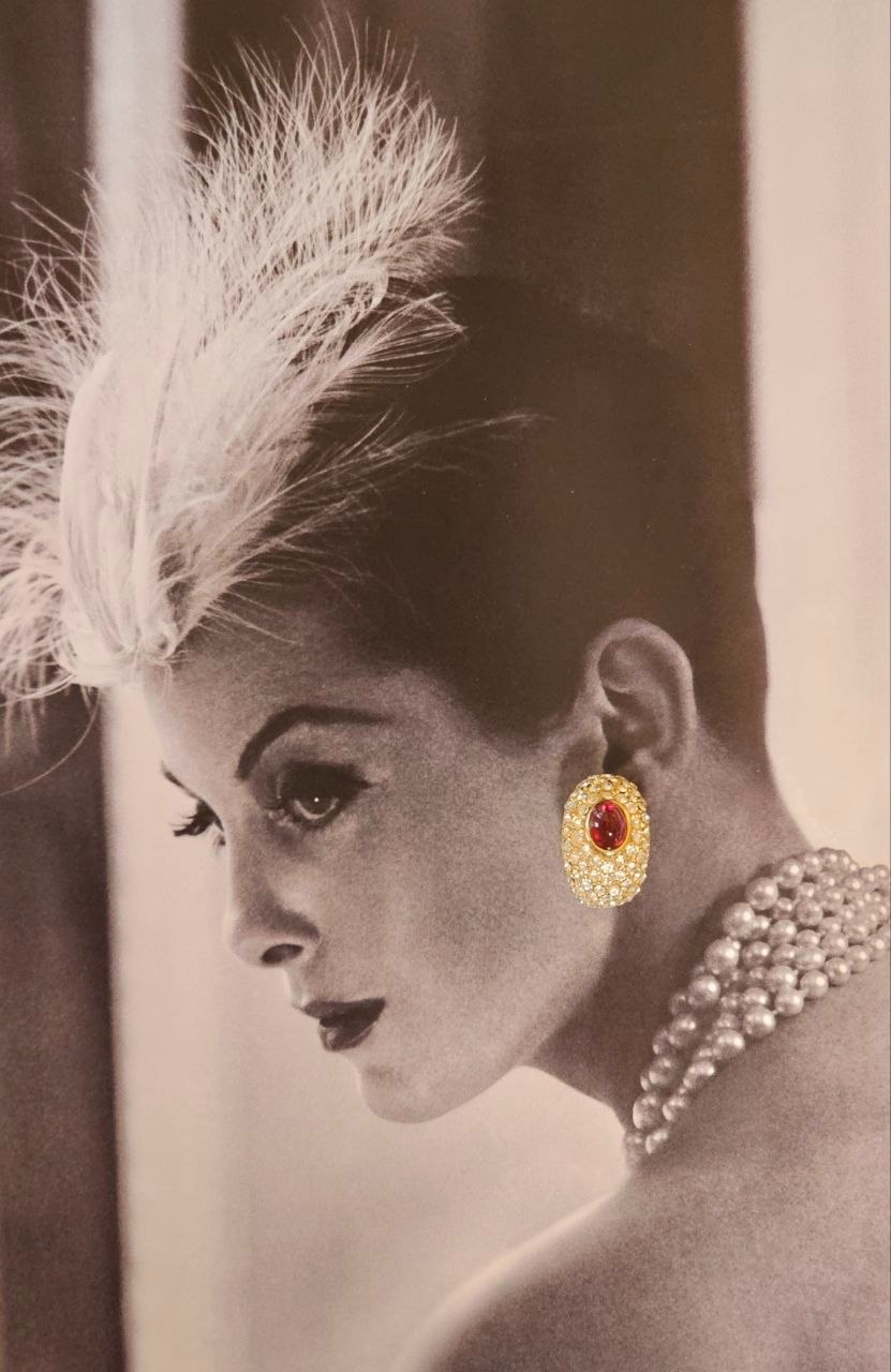 Vintage CINER Signed Gold-Tone Domed Oval Clip Earrings | Faux Ruby Cabochon & Pave Rhinestone | 1980s Hollywood Regency view 4