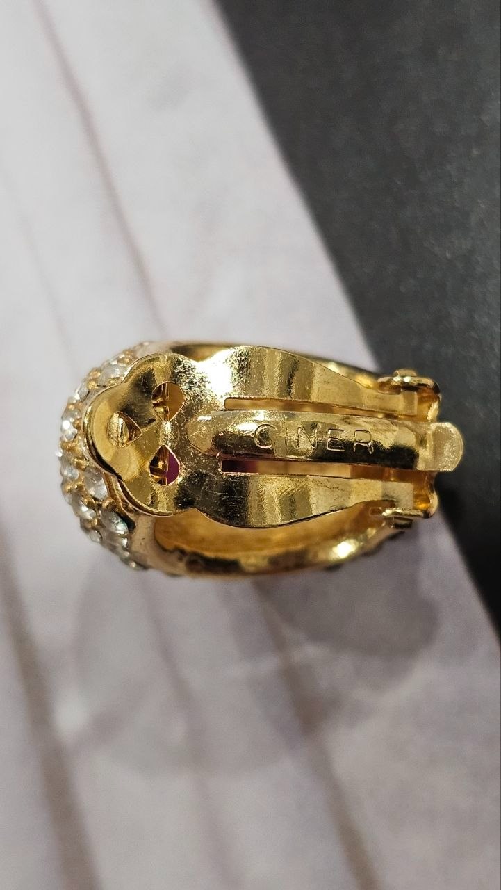 Vintage CINER Signed Gold-Tone Domed Oval Clip Earrings | Faux Ruby Cabochon & Pave Rhinestone | 1980s Hollywood Regency view 5