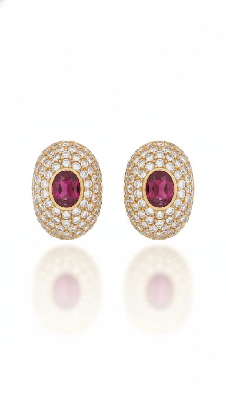 Vintage CINER Signed Gold-Tone Domed Oval Clip Earrings | Faux Ruby Cabochon & Pave Rhinestone | 1980s Hollywood Regency
