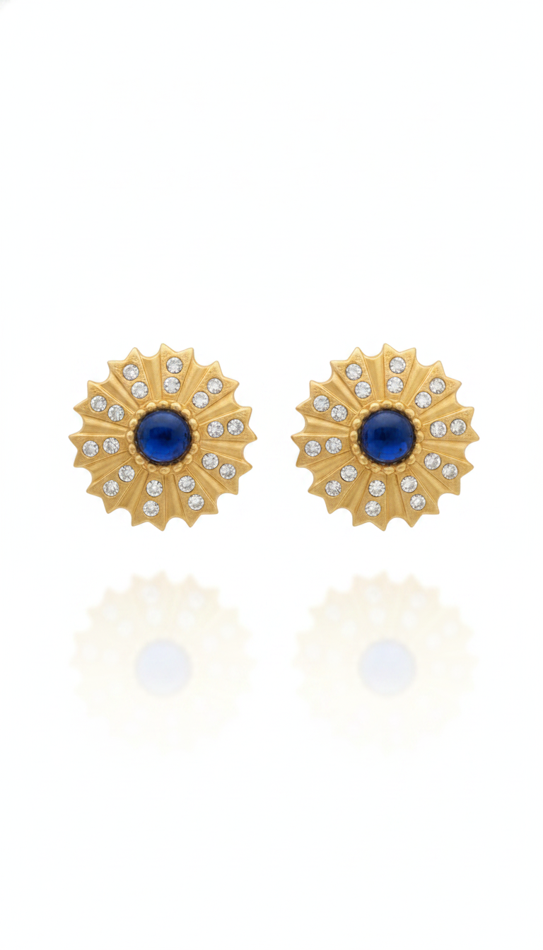 Vintage David Dubin NR Signed 1980-90s Sunburst Earings| Matte Gold Tone, Blue Cabochon & Clear Rhinestones | Designer Costume Jewelry Pin
