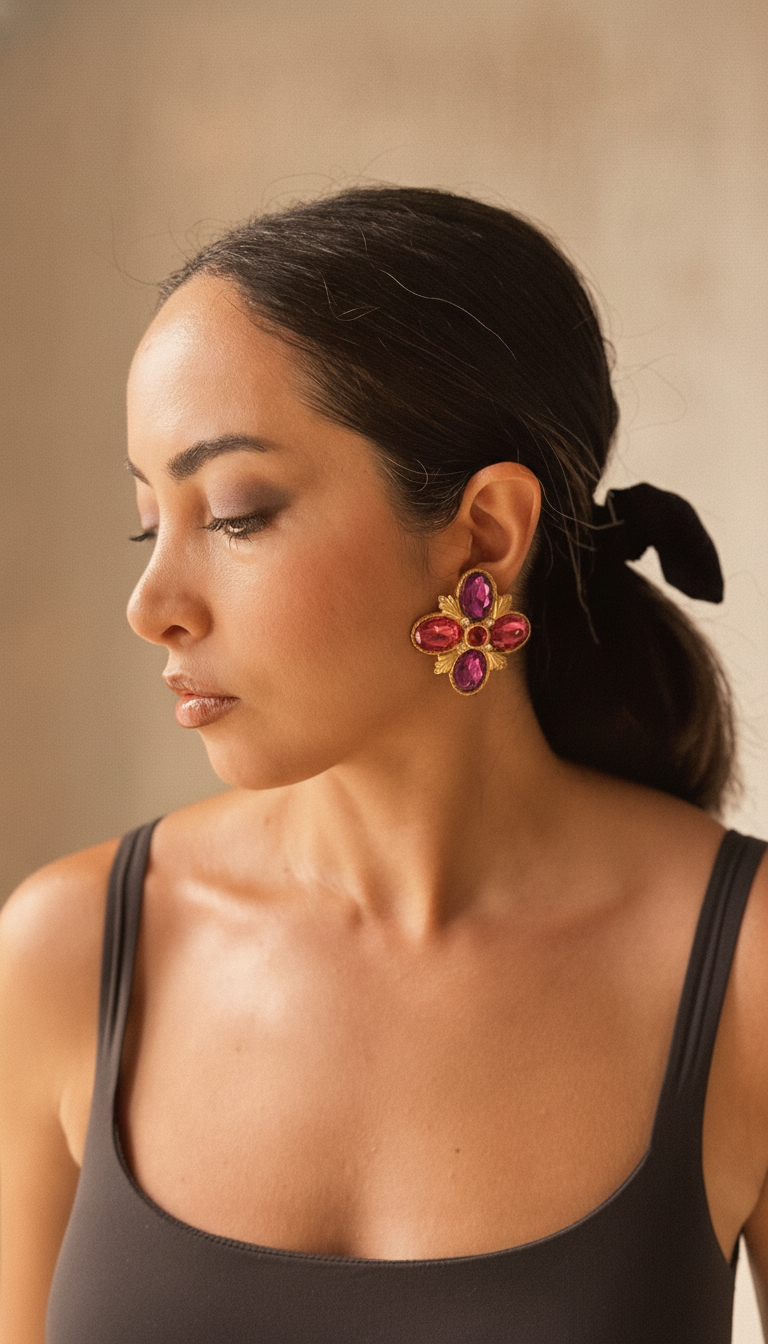 Vintage GERARD YOSCA Floral Clip-On Earrings | 1980s–90s Statement Jewelry | Amethyst & Pink Glass Cabochon Crystal Flower | Signed YOSCA Gold Tone view 2