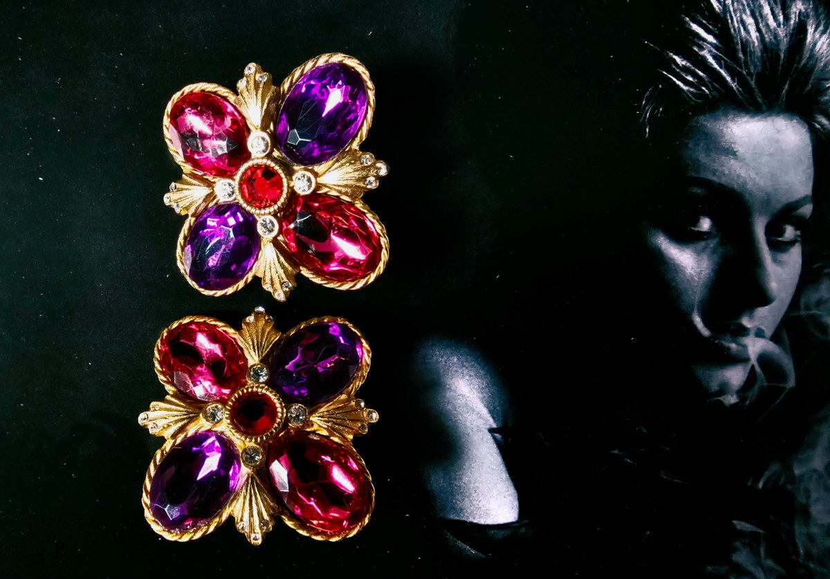 Vintage GERARD YOSCA Floral Clip-On Earrings | 1980s–90s Statement Jewelry | Amethyst & Pink Glass Cabochon Crystal Flower | Signed YOSCA Gold Tone view 3