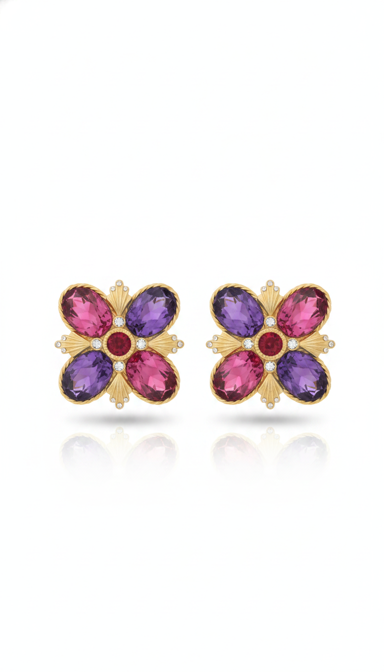 Vintage GERARD YOSCA Floral Clip-On Earrings | 1980s–90s Statement Jewelry | Amethyst & Pink Glass Cabochon Crystal Flower | Signed YOSCA Gold Tone