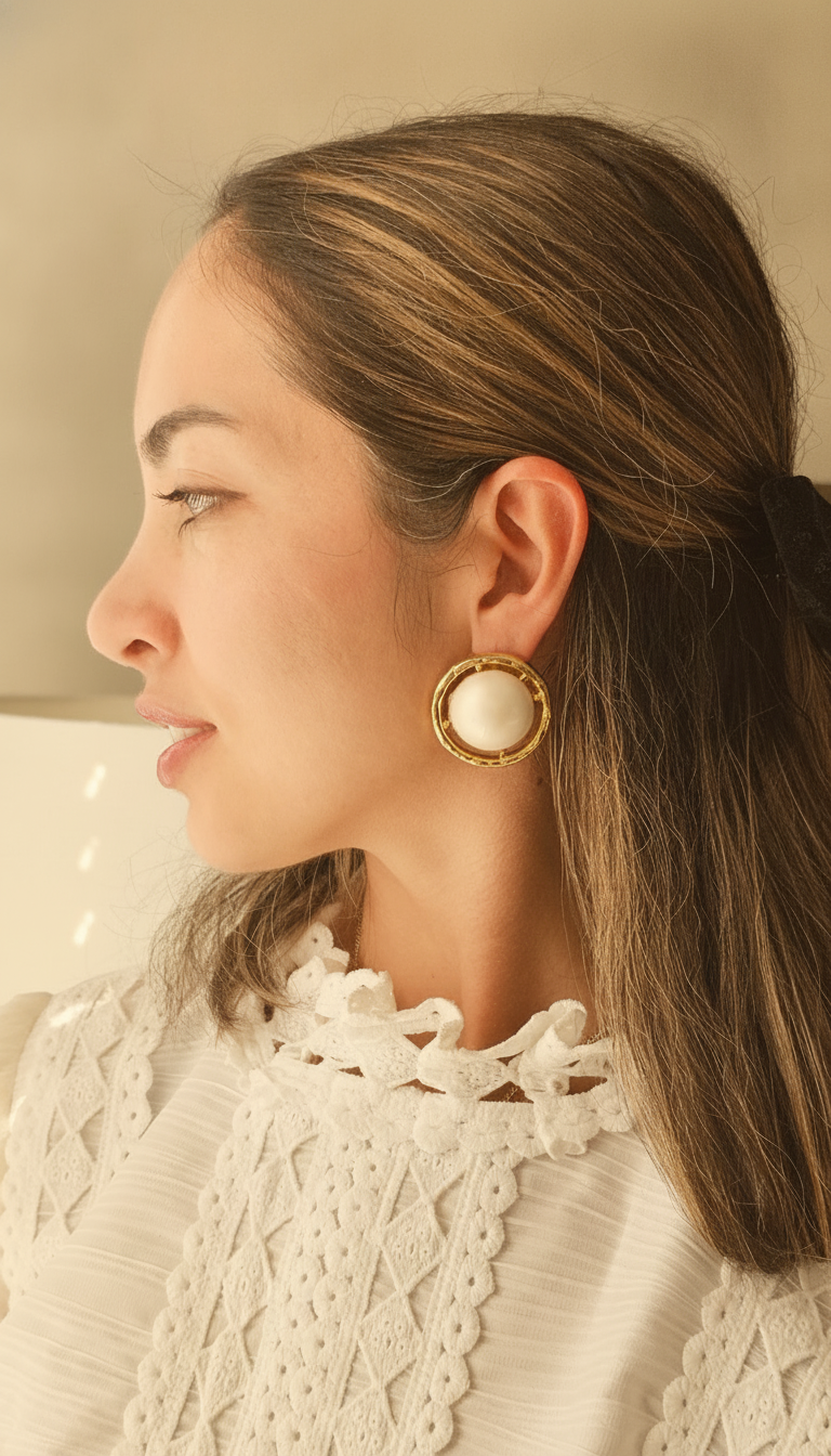Vintage Les Bernard Signed Faux Pearl Gold-Tone Open Circle Halo Stud Earrings — 1970s–1980s Designer Costume Jewelry view 2