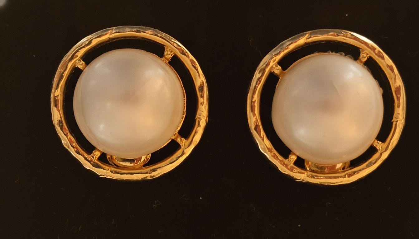 Vintage Les Bernard Signed Faux Pearl Gold-Tone Open Circle Halo Stud Earrings — 1970s–1980s Designer Costume Jewelry view 4