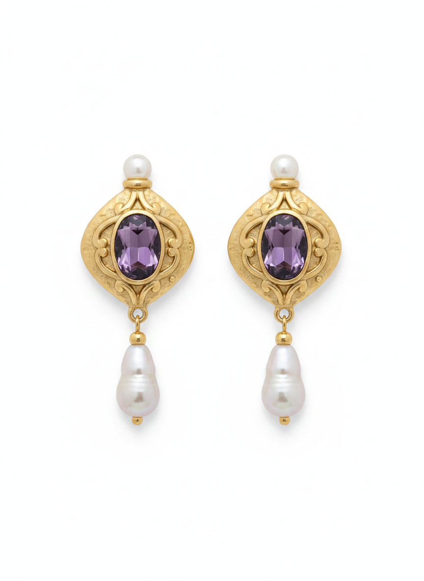 Vintage Victorian Revival Gold Repousse Amethyst Cabochon Baroque Pearl Drop Earrings